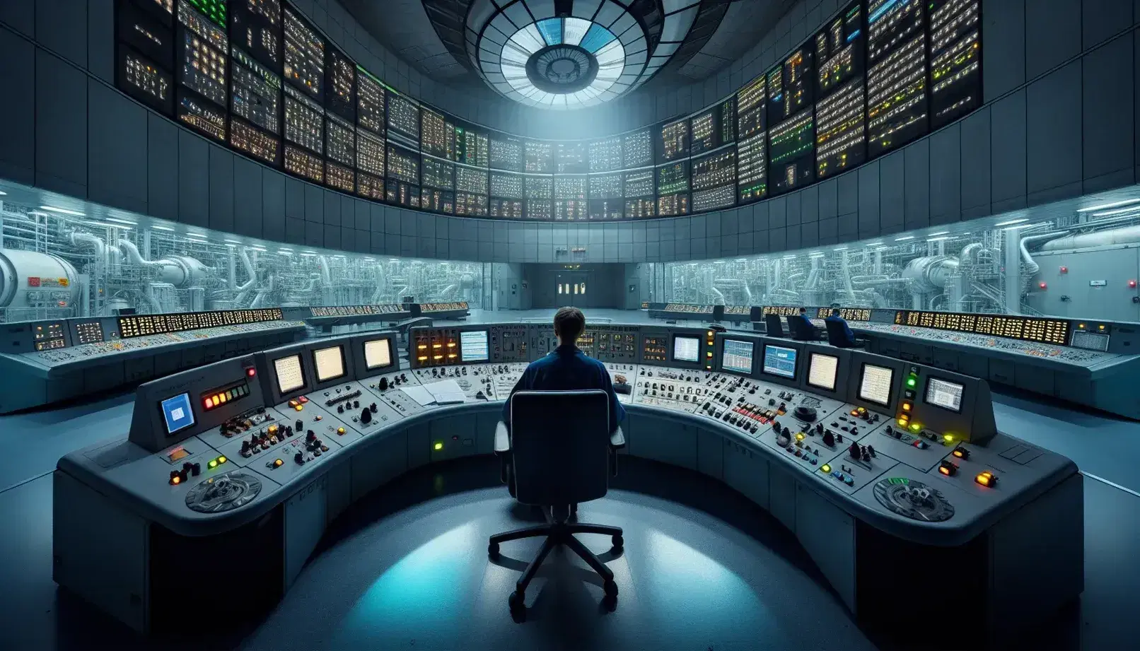 Pannello di controllo curvo con schermi luminosi e interruttori in sala comando di un reattore nucleare, operatore al lavoro.