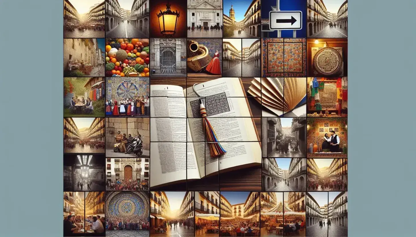 Mosaico fotográfico que muestra la diversidad cultural y lingüística de España, con escenas de mercados tradicionales, danzas folclóricas, tapas variadas y paisajes naturales.