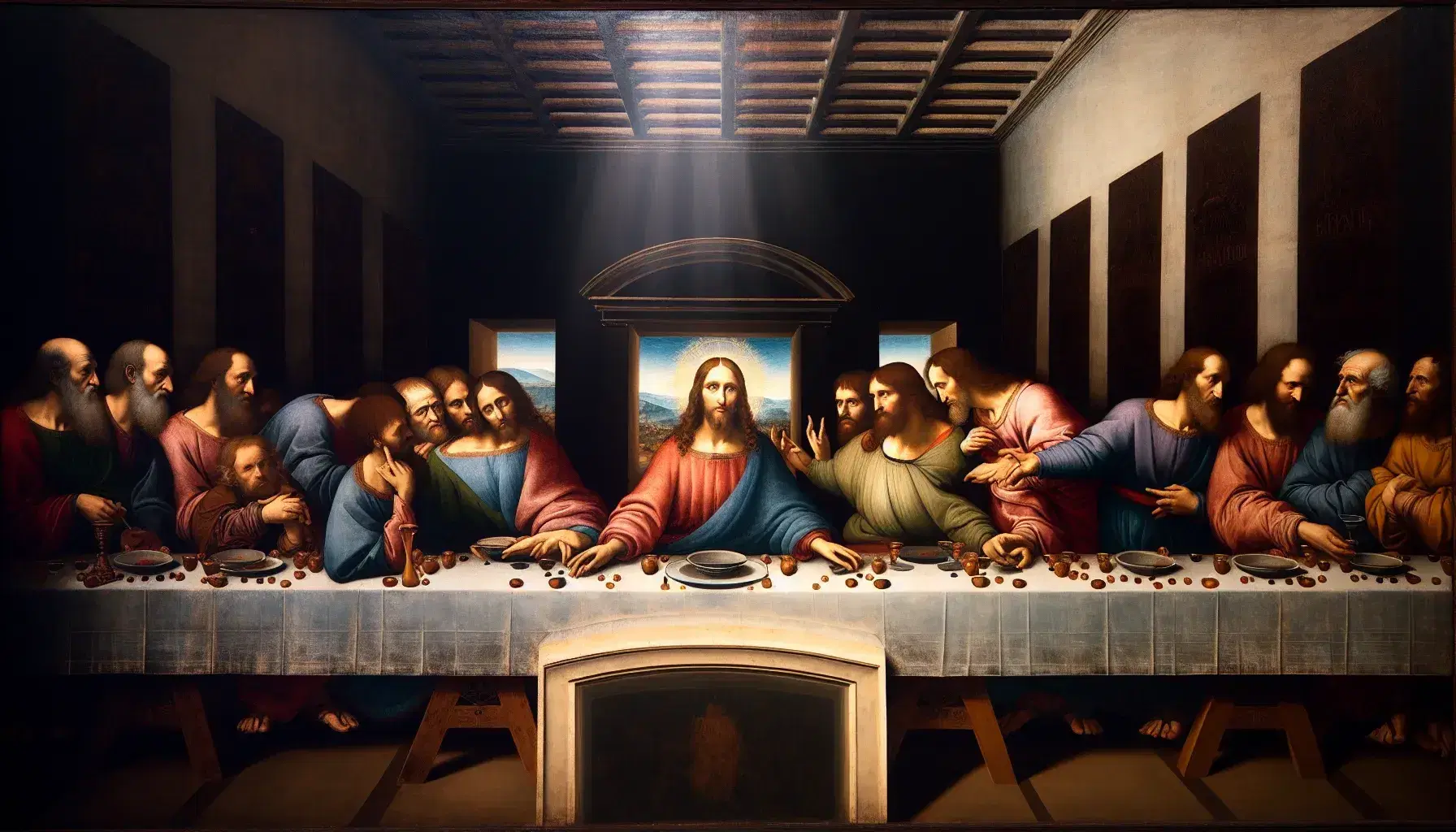 Ultima Cena di Leonardo da Vinci con Gesù al centro, apostoli intorno e dettagli architettonici rinascimentali sullo sfondo.