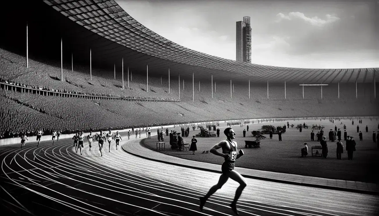 Stadio Olimpico di Berlino 1936 affollato durante una gara di atletica, con atleta in primo piano e spettatori sullo sfondo.