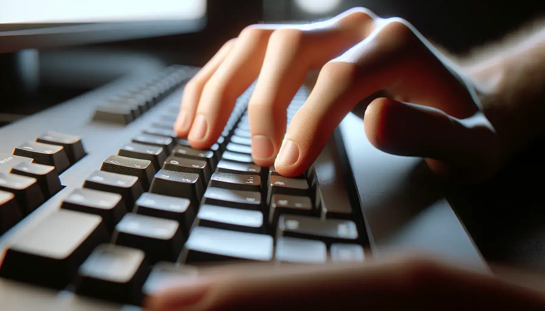 Close-up of a computer keyboard with human hand ready to type, ambient light reflections on matte black keys.