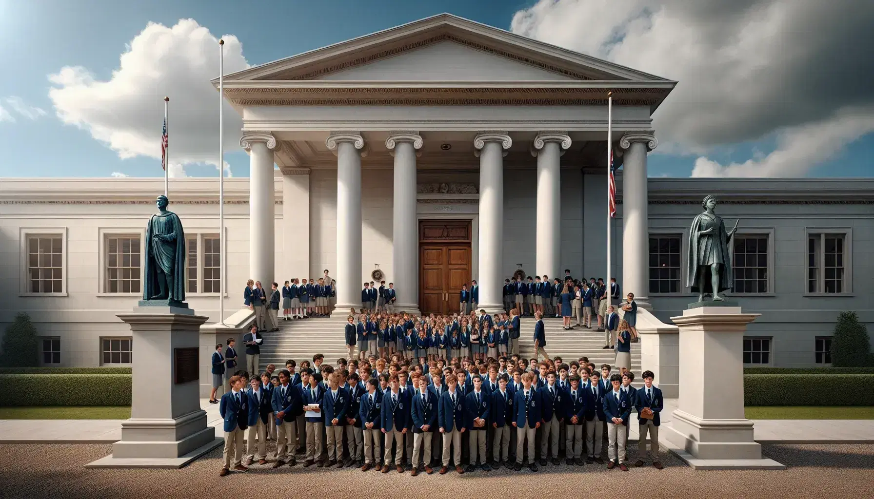 Grupo de estudiantes con uniformes azul marino y blanco frente a edificio clásico con columnas, acompañados de un profesor, bajo cielo azul claro.