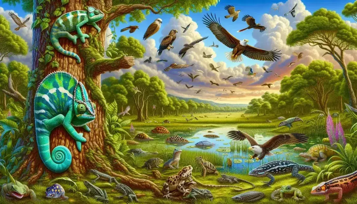 Scena naturale con camaleonte su albero, uccelli sui rami, aquila in volo, anfibi in primo piano, serpente nell'erba e anatre vicino stagno.