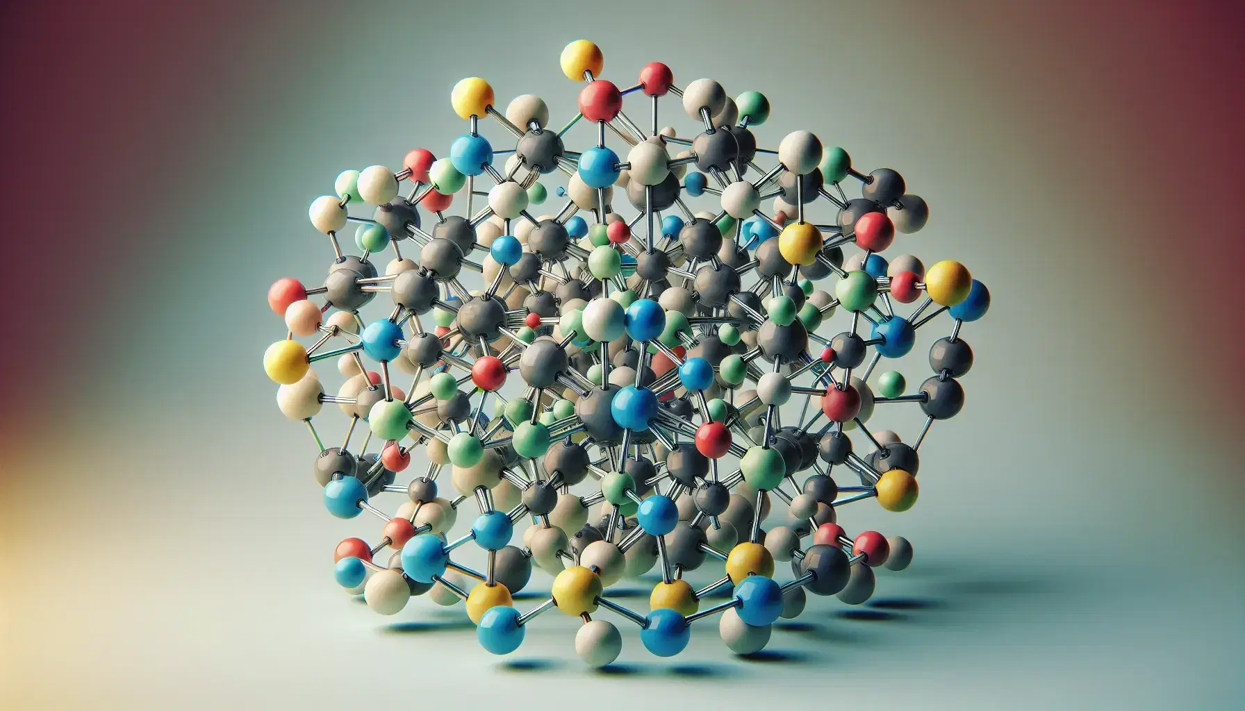 Estructura molecular tridimensional con esferas de colores conectadas por barras, simulando átomos y enlaces químicos en fondo neutro.