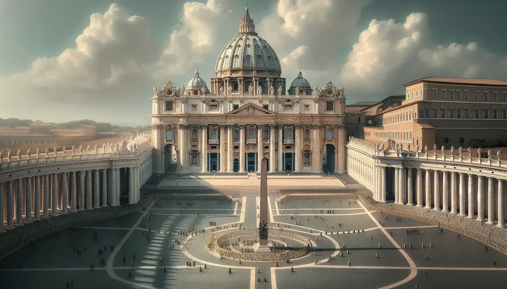 Facciata maestosa della Basilica di San Pietro e Piazza San Pietro con colonnati e obelisco, sotto un cielo azzurro.