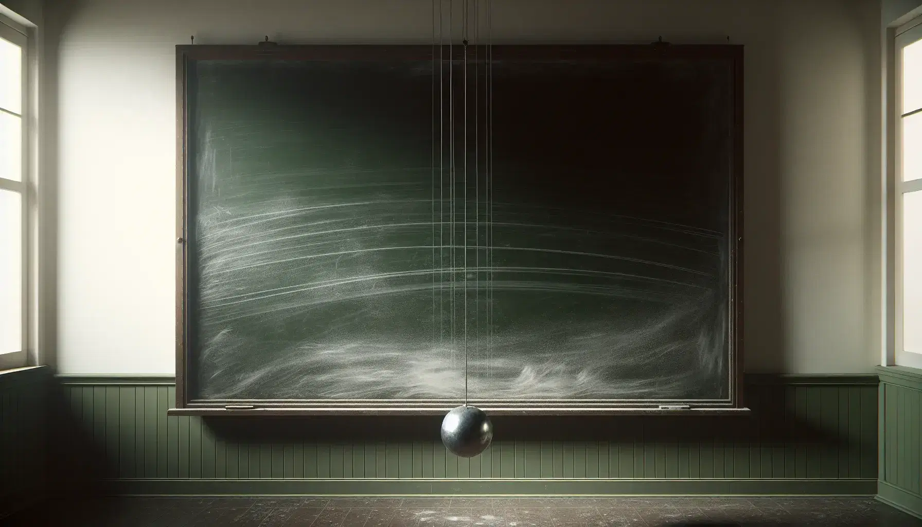 Pizarra escolar verde oscuro con trazos de tiza y un péndulo simple en reposo, reflejando la luz del aula en un fondo claro.