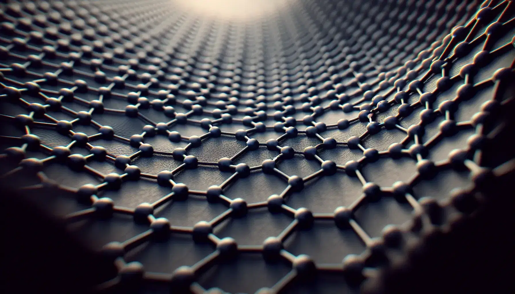 Primer plano de una lámina de grafeno con estructura hexagonal de átomos de carbono interconectados, mostrando flexibilidad y sutiles arrugas en tonos grises y negros.