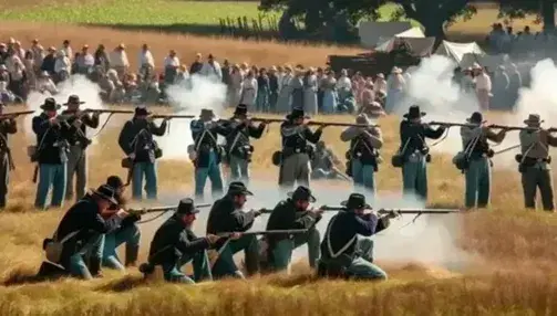 Civil War reenactment with figures in blue Union and gray Confederate uniforms, vintage rifles and white smoke on a grassy field.
