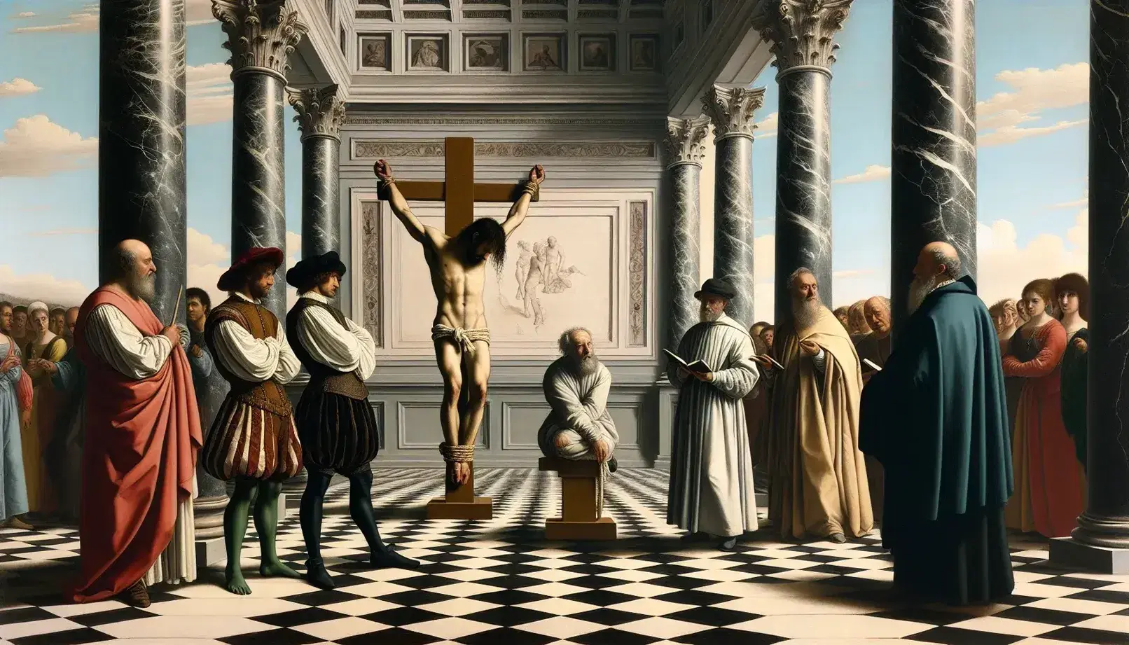 Raffigurazione rinascimentale di una flagellazione con tre uomini su pavimento scacchiera; uno legato a colonna, due osservano, altri tre meditano.