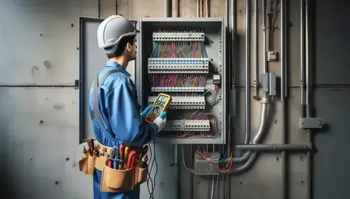 Técnico con casco de seguridad mide voltaje en panel eléctrico con multímetro digital, rodeado de herramientas y cables de colores.