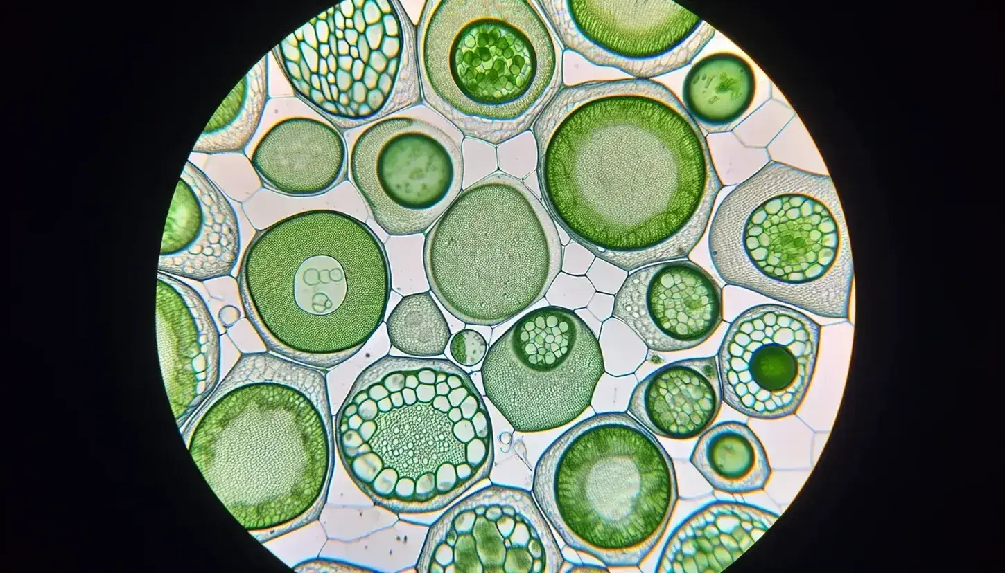 Células vegetales al microscopio mostrando paredes celulares verdes, cloroplastos oscuros, núcleos centrales y citoplasma translúcido.