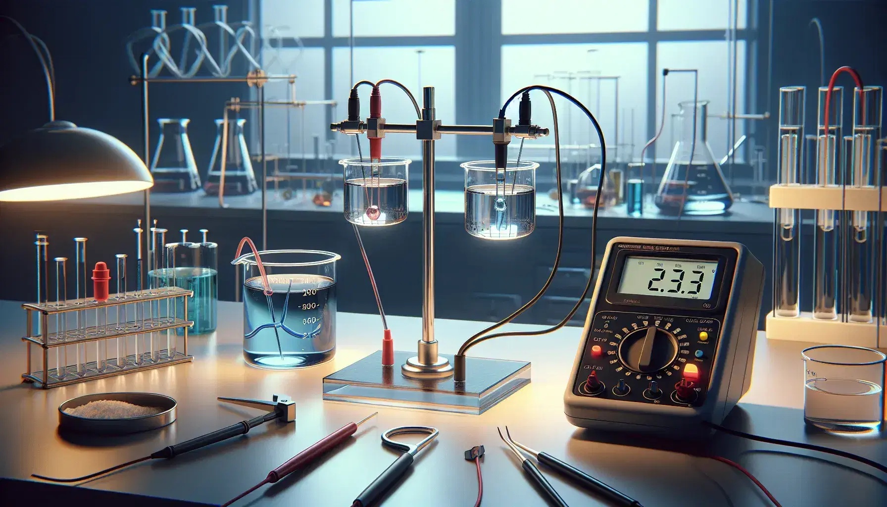 Laboratorio scientifico con cella di Daniell centrale, bicchieri con soluzioni colorate, ponte salino e multimetro digitale collegato.