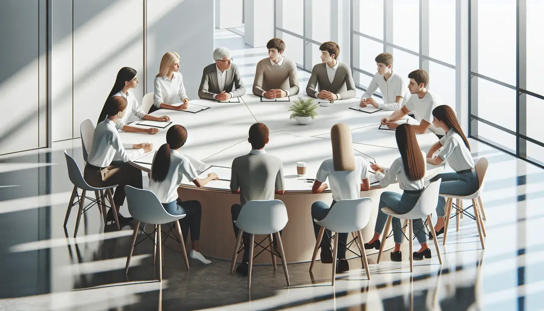Gruppo di cinque adulti in abiti formali discute attorno a un tavolo ovale in un ufficio luminoso, con due adolescenti che osservano.