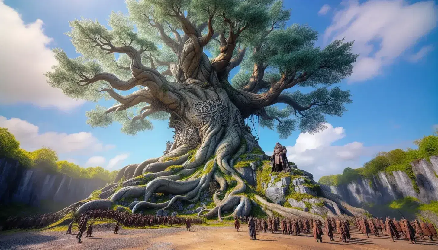 Escultura detallada de árbol frondoso con raíces visibles y figuras míticas en paisaje natural, bajo cielo azul con nubes.