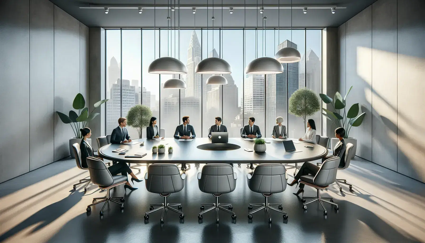 Modern office with diverse professionals around an oval conference table, ergonomic chairs, laptop, smartphone, and city view through a window.