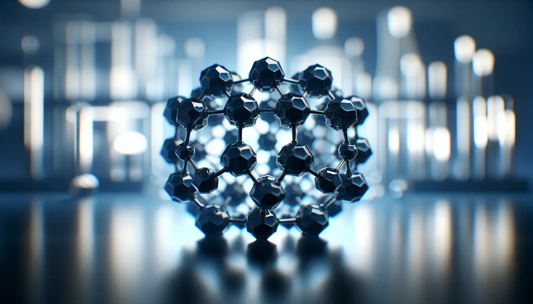 Three-dimensional crystalline model of benz[a]anthracene with hexagonal and pentagonal structures in shades of blue, on a blurred laboratory background.