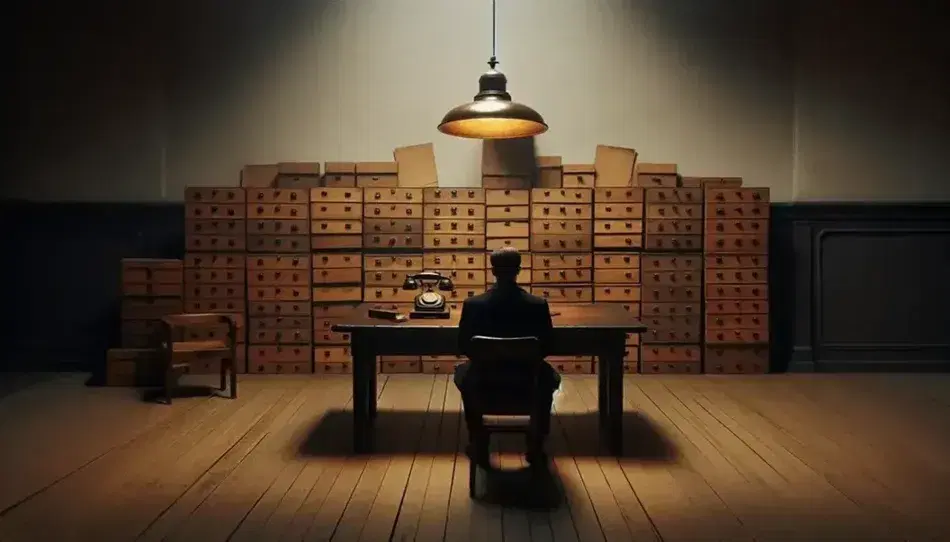 Sala interrogatori antica con uomo in abito scuro seduto, tavolo in legno, lampada vintage e faldoni impilati, atmosfera tesa.