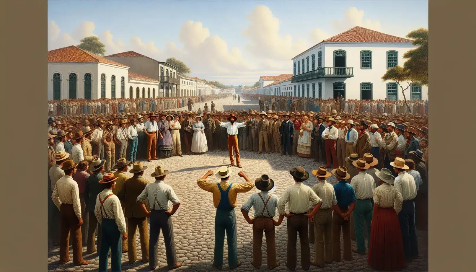 Grupo de personas reunidas en plaza pública con hombre en el centro alzando los brazos, edificios coloniales al fondo y cielo azul parcialmente nublado.