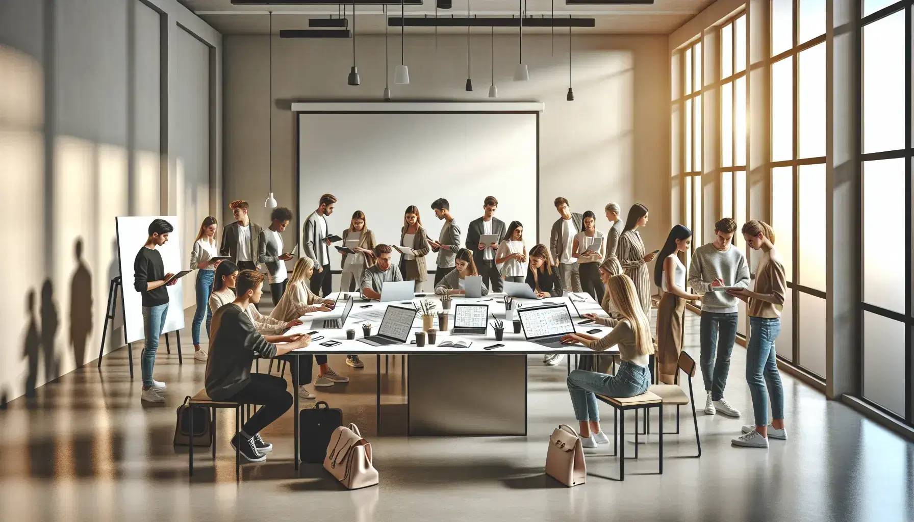 Grupo diverso de jóvenes colaborando en un espacio de trabajo iluminado con dispositivos electrónicos y material de oficina sobre una mesa.