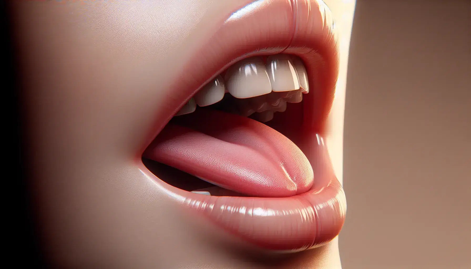 Close-up view of a human mouth with lips slightly parted, tongue raised behind upper teeth, demonstrating postalveolar consonant articulation.