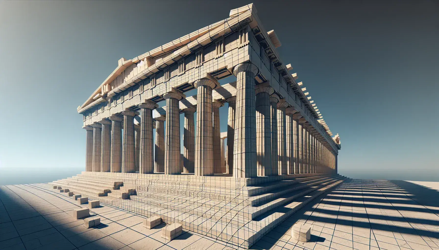 Ancient Greek Parthenon temple with Doric columns and triangular pediment under a blue sky, example of geometric architecture.