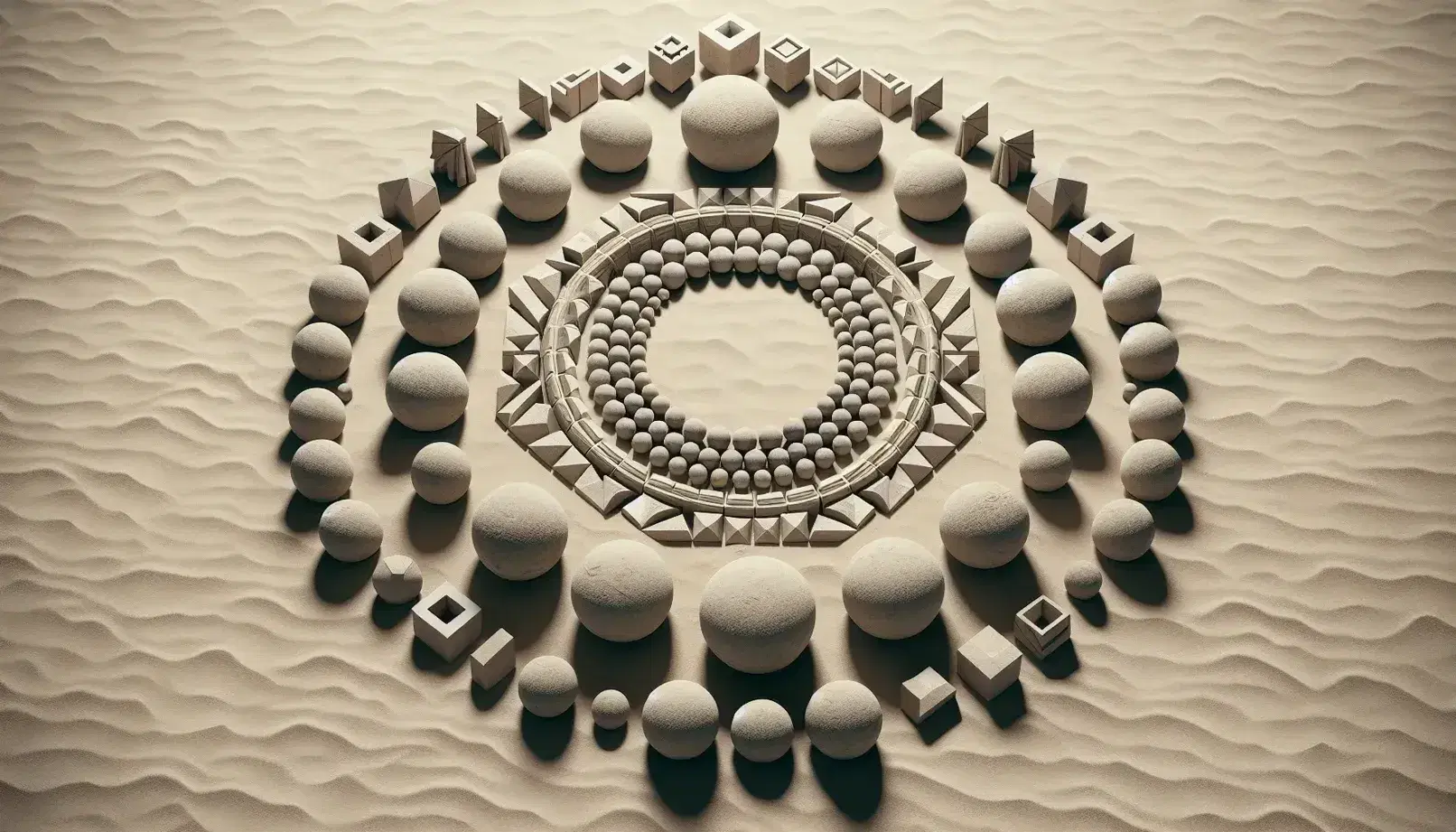 Patrón circular de figuras geométricas en piedra sobre fondo de arena beige, con esferas, cuadrados, triángulos y rectángulos dispuestos simétricamente.
