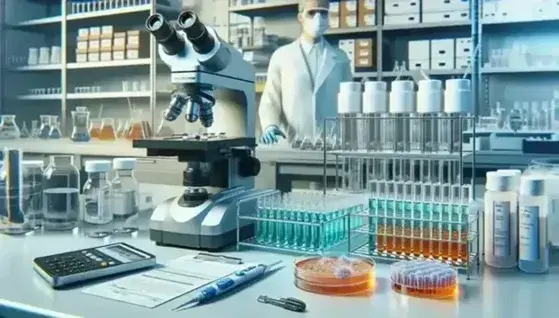 Laboratorio de biotecnología con microscopio electrónico, tubos de ensayo de colores, pipeta automática y científico examinando una placa de Petri.