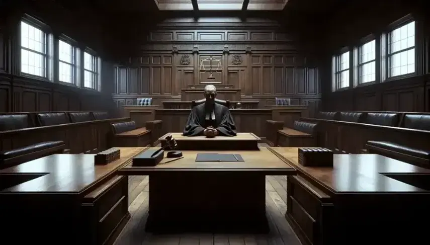Aula di tribunale solenne con pareti in legno scuro, banco del giudice al centro, banchi vuoti, finestre laterali e stendardo di giustizia.