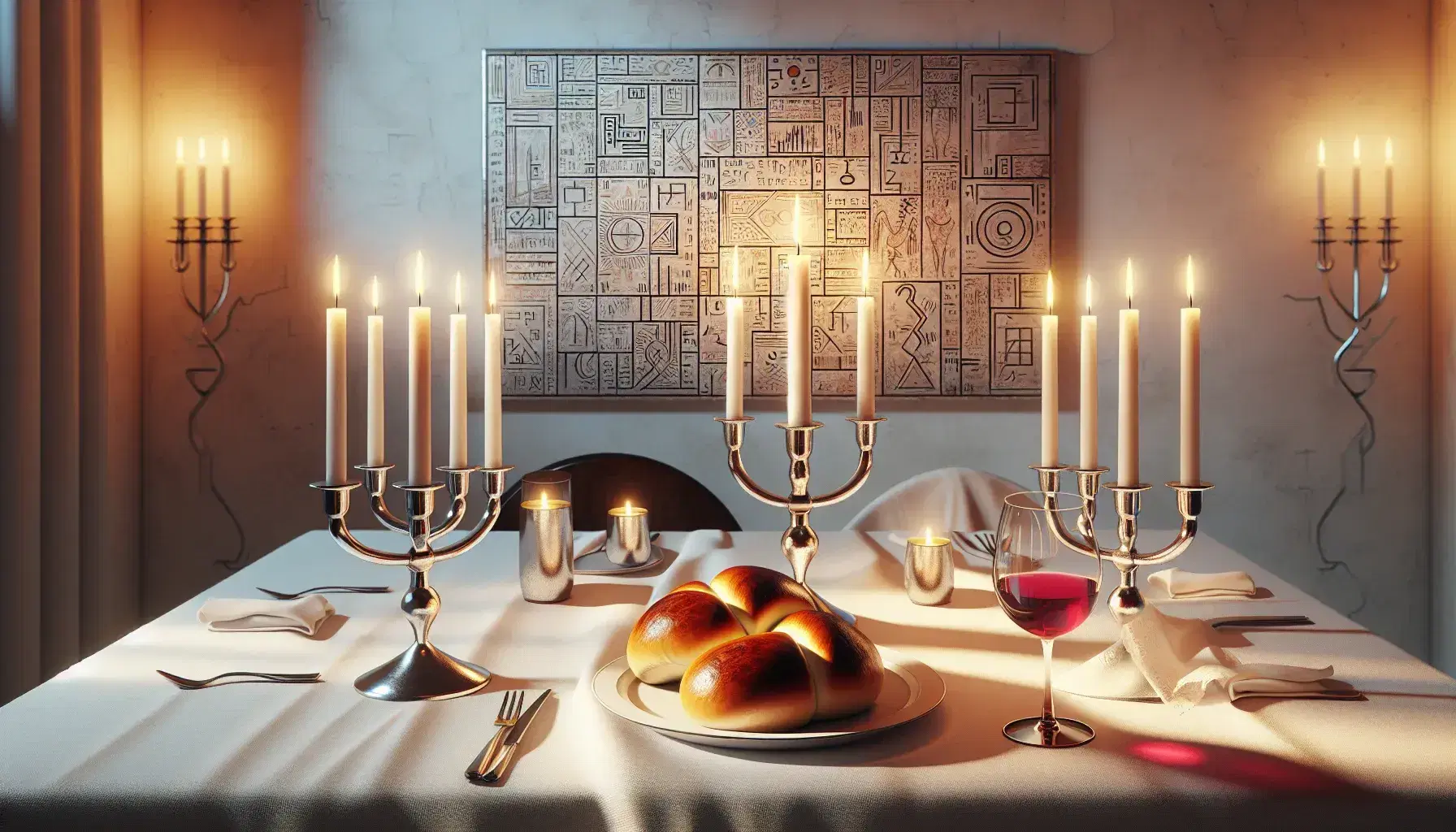 Tavola imbandita per cena di Shabbat con tovaglia bianca, due candelabri argento, calici di vino rosso e pane challah avvolto in tessuto ricamato.