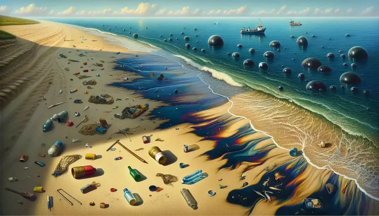 Spiaggia inquinata con rifiuti vari, bottiglie di plastica, lattine e reti da pesca sulla sabbia dorata e chiazze di petrolio in mare.