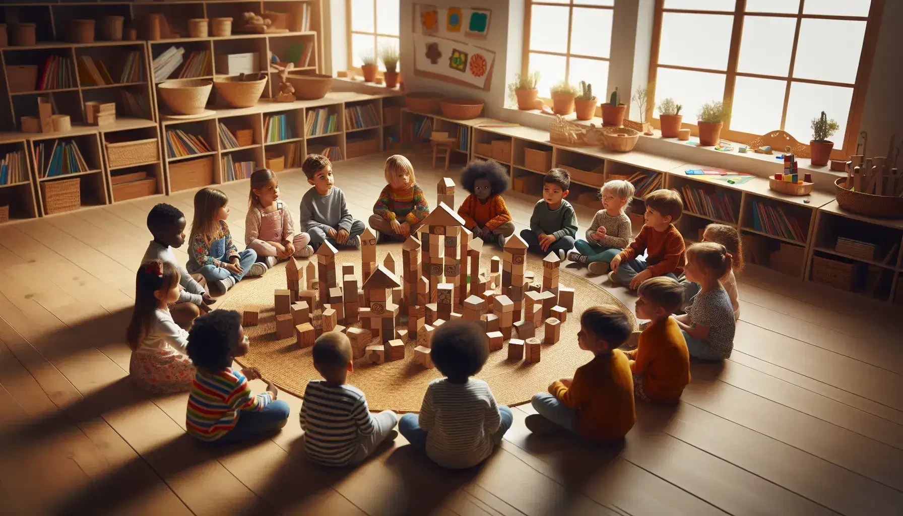 Niños de diversas etnias interactuando con bloques de madera en un aula iluminada, reflejando aprendizaje colaborativo y juego creativo.