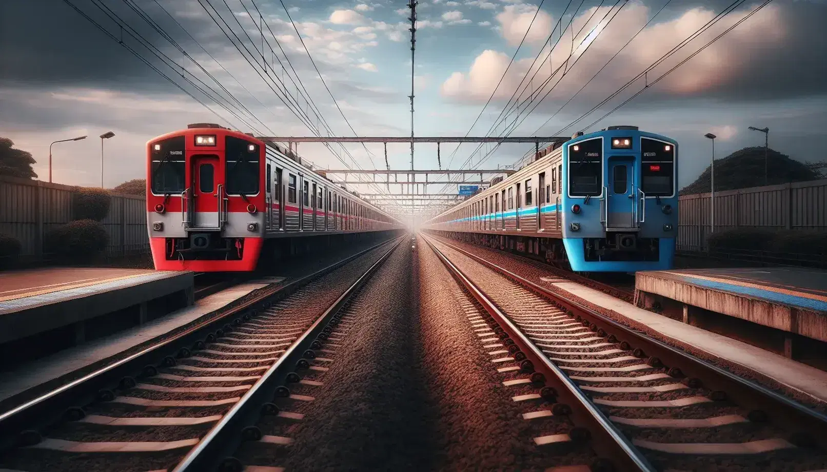 Trenes rojo y azul en paralelo sobre vías férreas que se extienden hacia el horizonte con cielo parcialmente nublado y postes eléctricos.