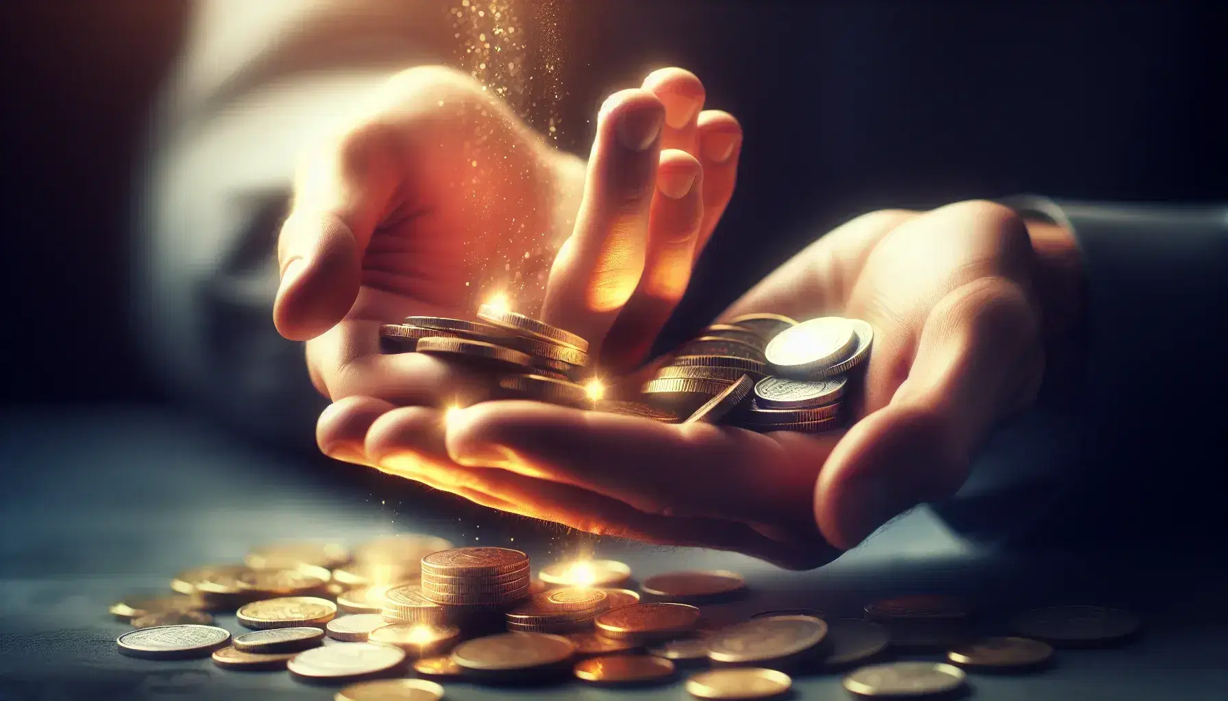 Manos intercambiando monedas de oro y plata con reflejos brillantes sobre fondo neutro.