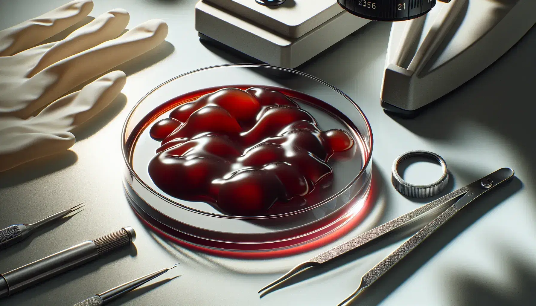 Primer plano de una placa de Petri con sangre coagulada y utensilios de laboratorio como pinzas metálicas, microscopio y guantes de látex en superficie clara.