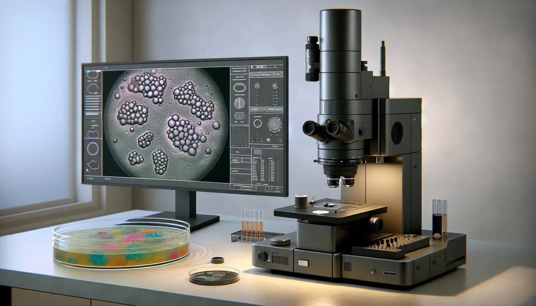 Microscopio elettronico a trasmissione in laboratorio con campioni biologici in Petri, schermo computer mostra struttura cellulare colorata.