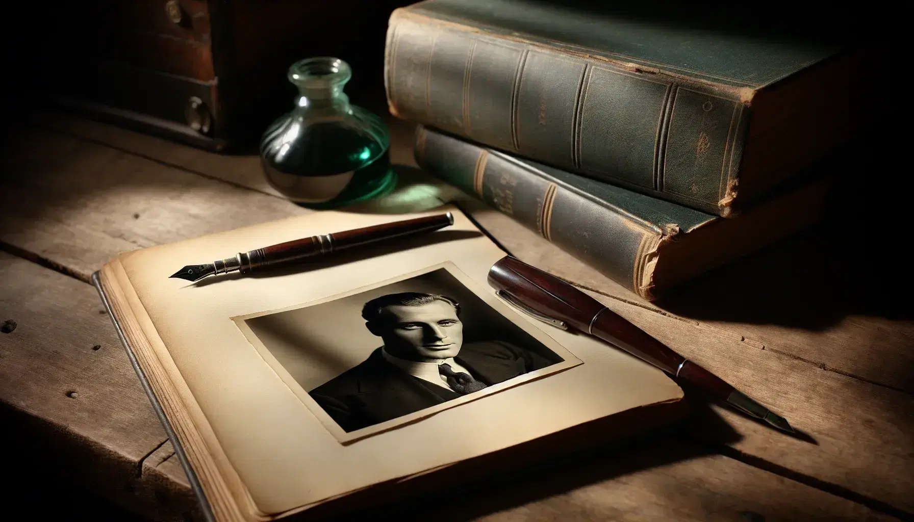 Vintage scene with an open hardcover book, aged pages curled from use, beside a black and white photo of a contemplative man in mid-20th-century attire, and a dark wooden ink pen with a silver nib casting a shadow, all set on a rustic wooden table.
