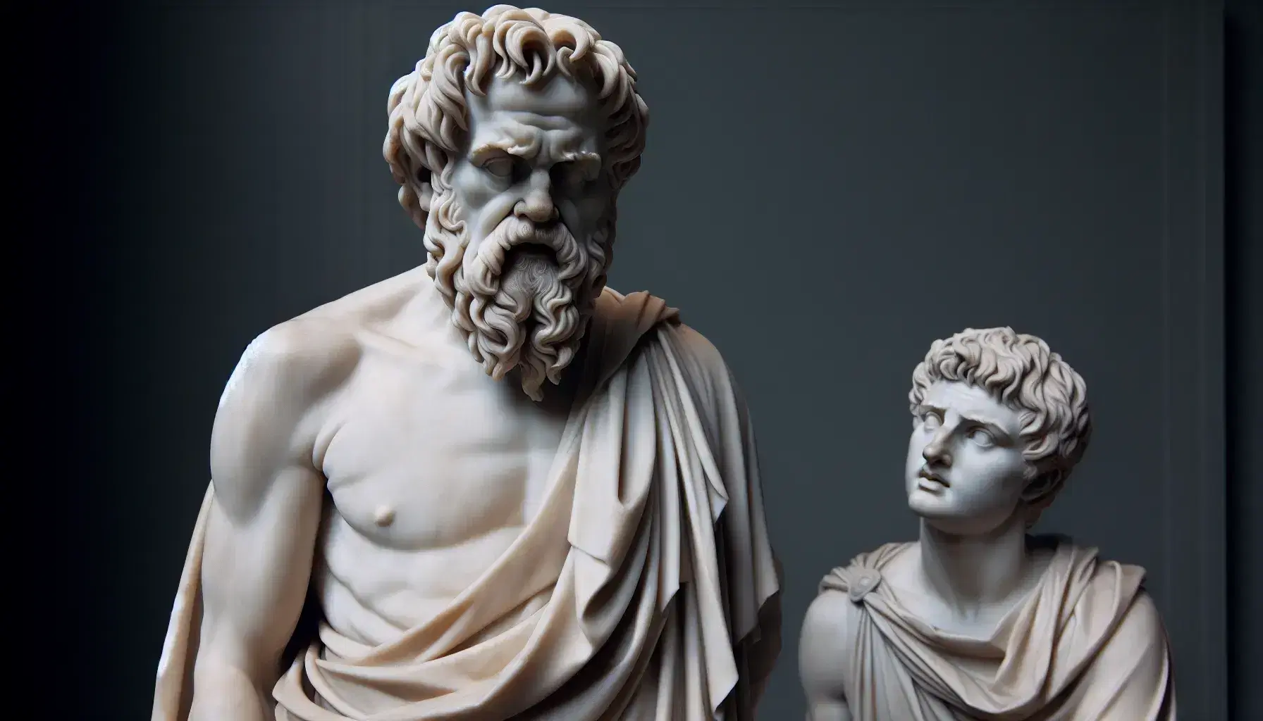 Scultura in marmo bianco raffigurante Socrate con toga e barba in atteggiamento pensoso e giovane discepolo in ascolto su piedistallo grigio.