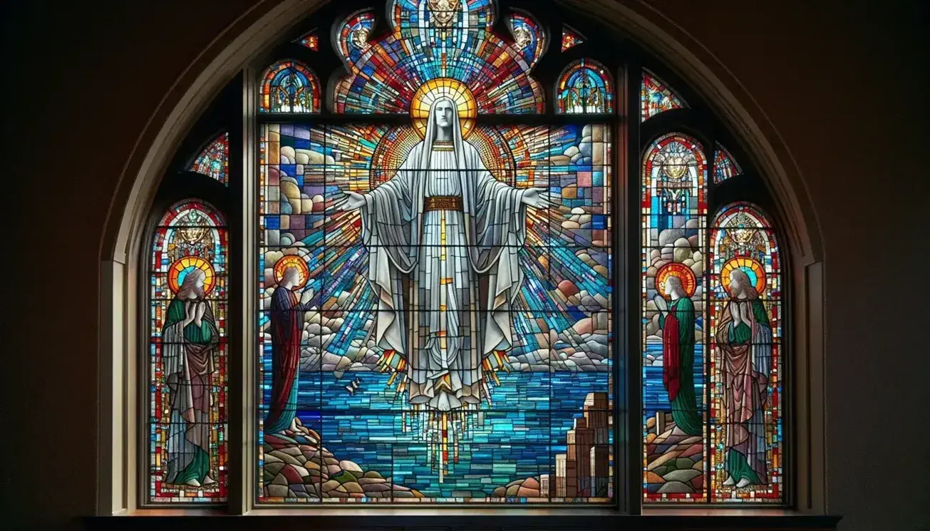 Vidriera colorida en iglesia con figura central en azul y blanco con halo, flanqueada por dos figuras en rojo y verde, todas sobre fondo que simula el cielo.