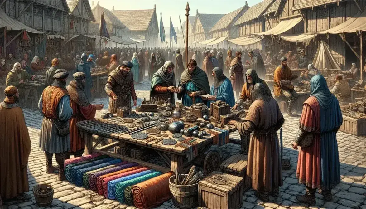 Bustling medieval marketplace with merchants at a wooden table displaying colorful cloth and shiny wares, customers in period attire exchanging goods and coins.