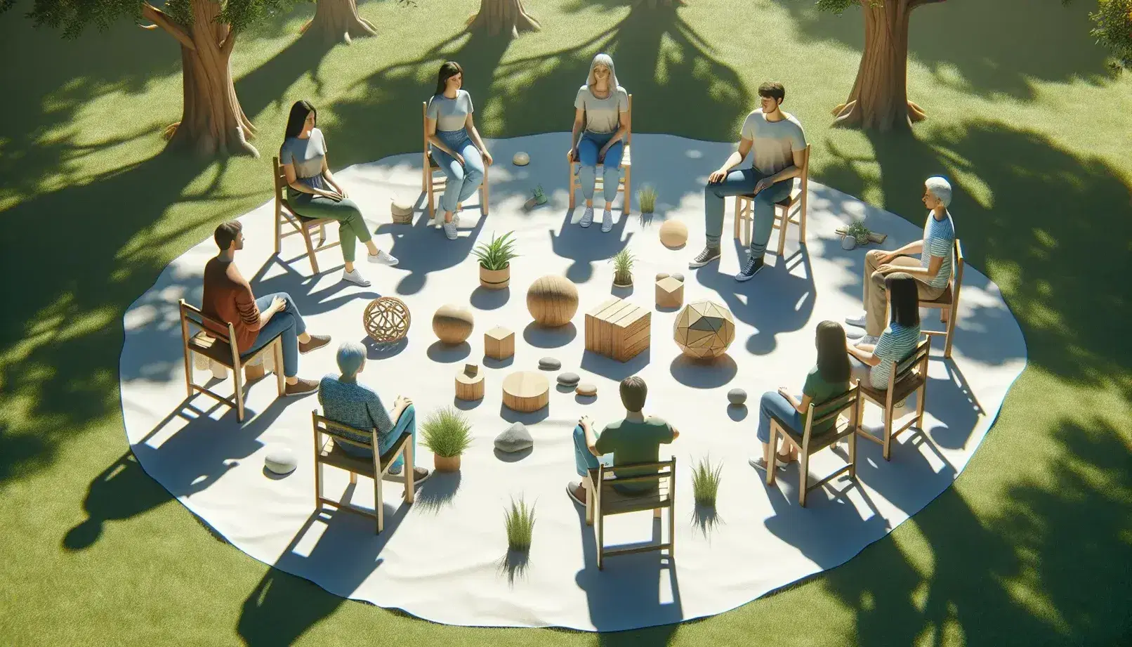 Grupo de cinco personas sentadas en círculo en un parque participando en una actividad con objetos geométricos en el centro, rodeados de naturaleza y luz solar.