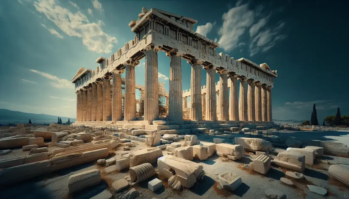 Vista frontal de las ruinas del Partenón en Atenas, con columnas dóricas y restos de la cámara interna bajo un cielo azul claro.