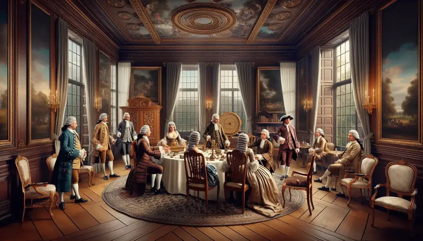 18th-century European salon scene with elegantly dressed men and women in discussion, surrounded by ornate furniture, celestial globe, and framed art.