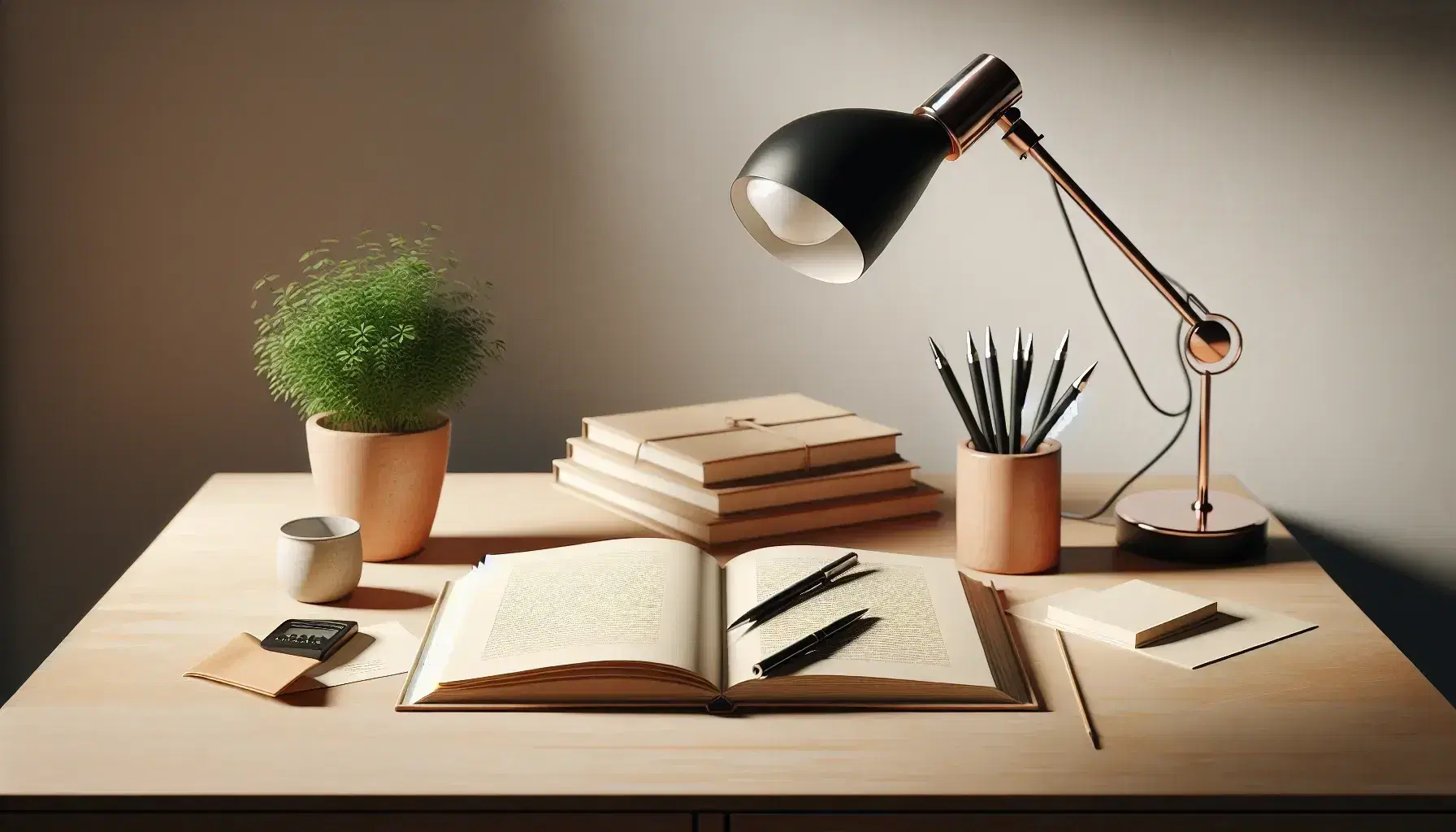 Mesa de madera clara con libro abierto, papeles en blanco, pluma negra, planta en maceta terracota y lámpara de escritorio encendida.