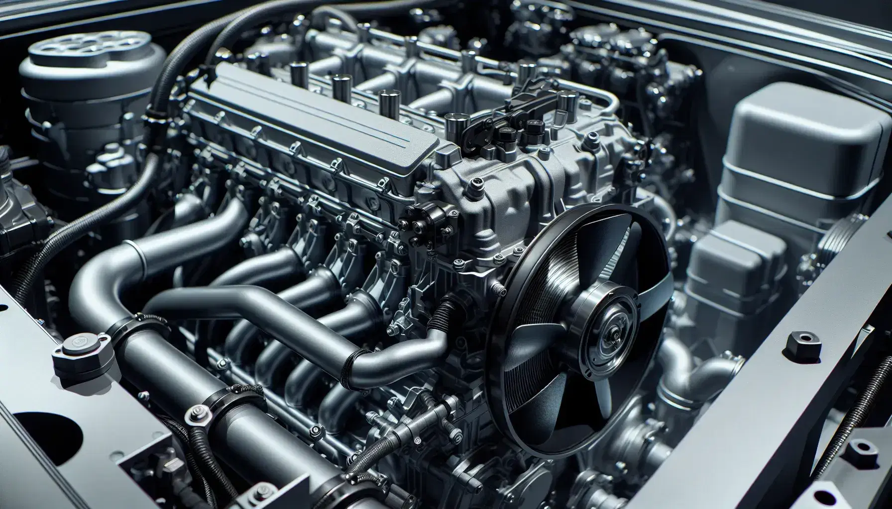 Motor de combustión interna de vehículo con bloque motor gris, tuberías negras del sistema de refrigeración, radiador plateado y aspa de ventilador.