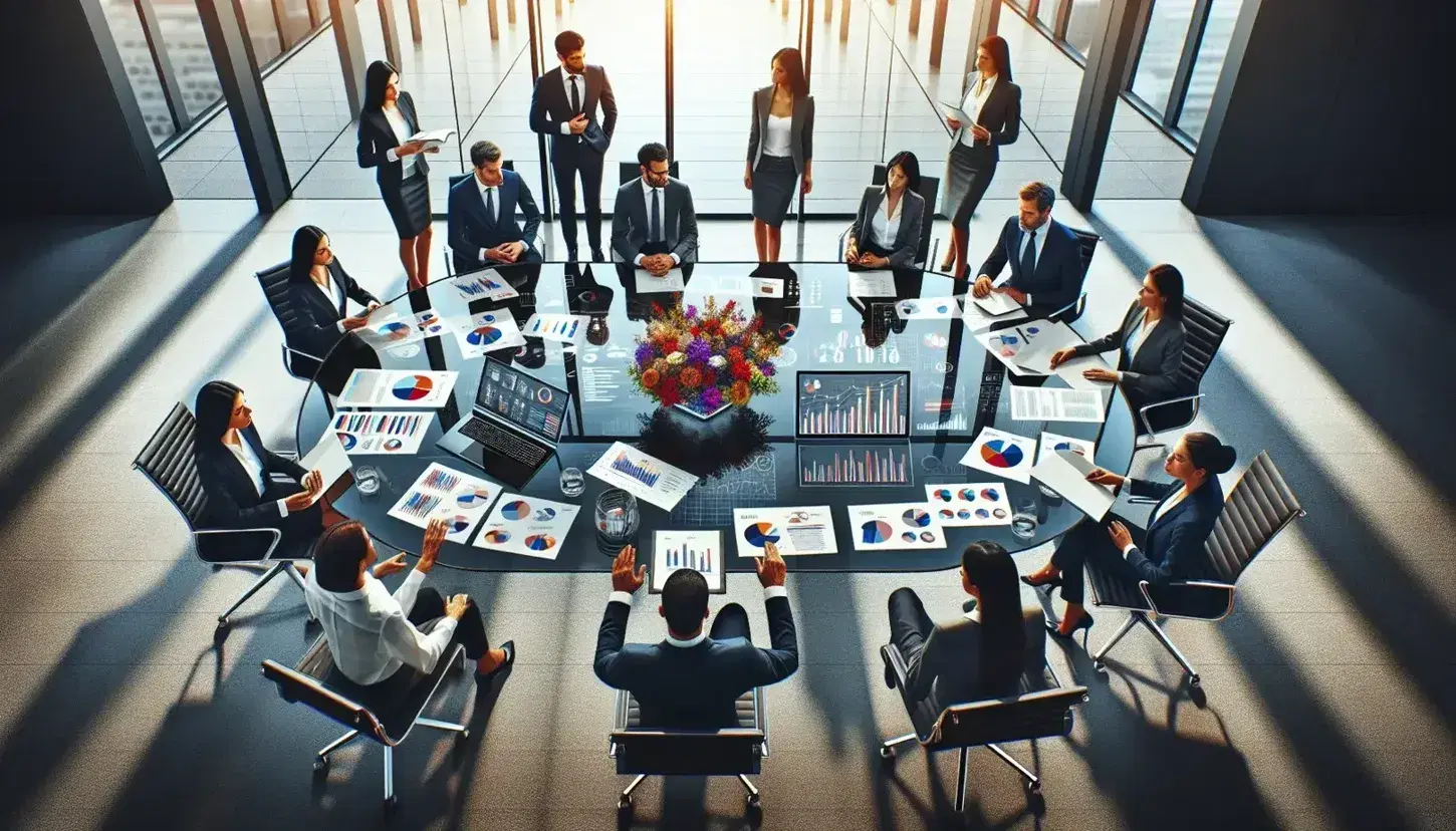 Diverse team of professionals collaborates around a glass table with a laptop displaying graphs, papers with charts, and a colorful flower vase in a bright office.