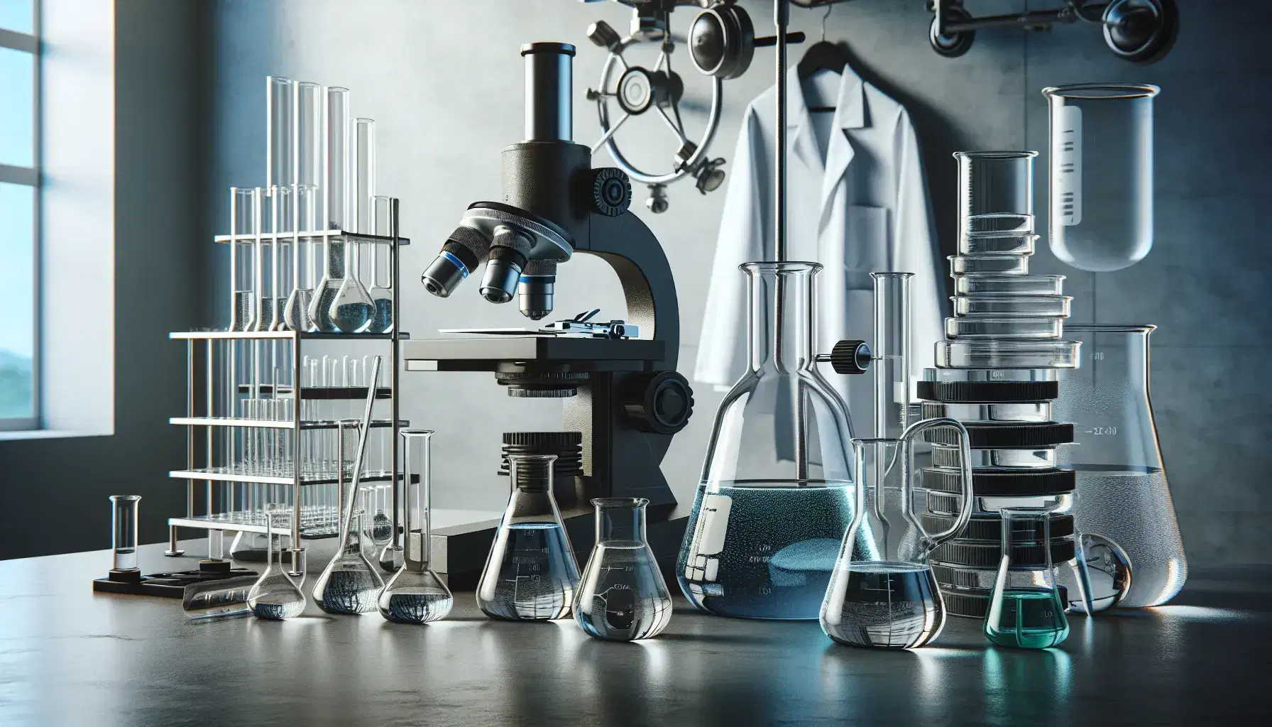Science laboratory with microscope, slides, beakers with liquids, Bunsen burner, lab coat, safety glasses and nitrile gloves.