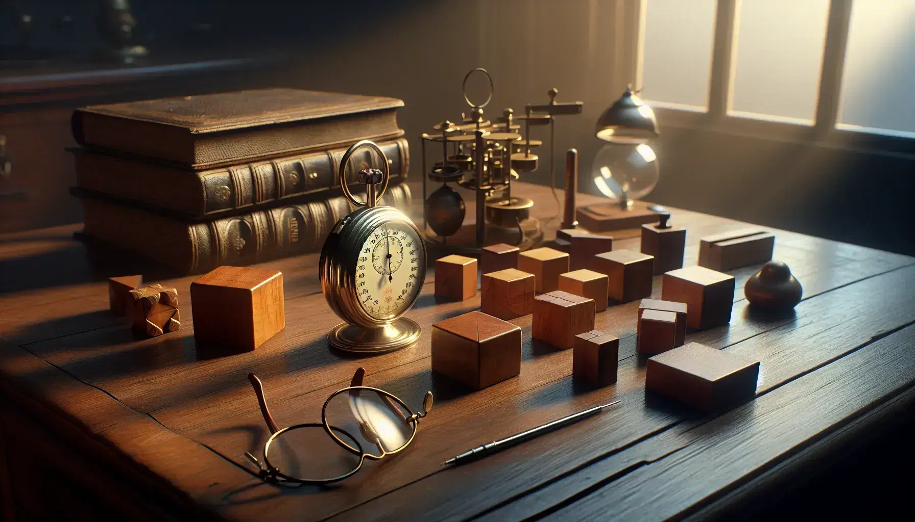 Vintage wooden desk with scientific instruments for psychological testing, brass stopwatch, geometric blocks, leather book, glasses and ink pen.