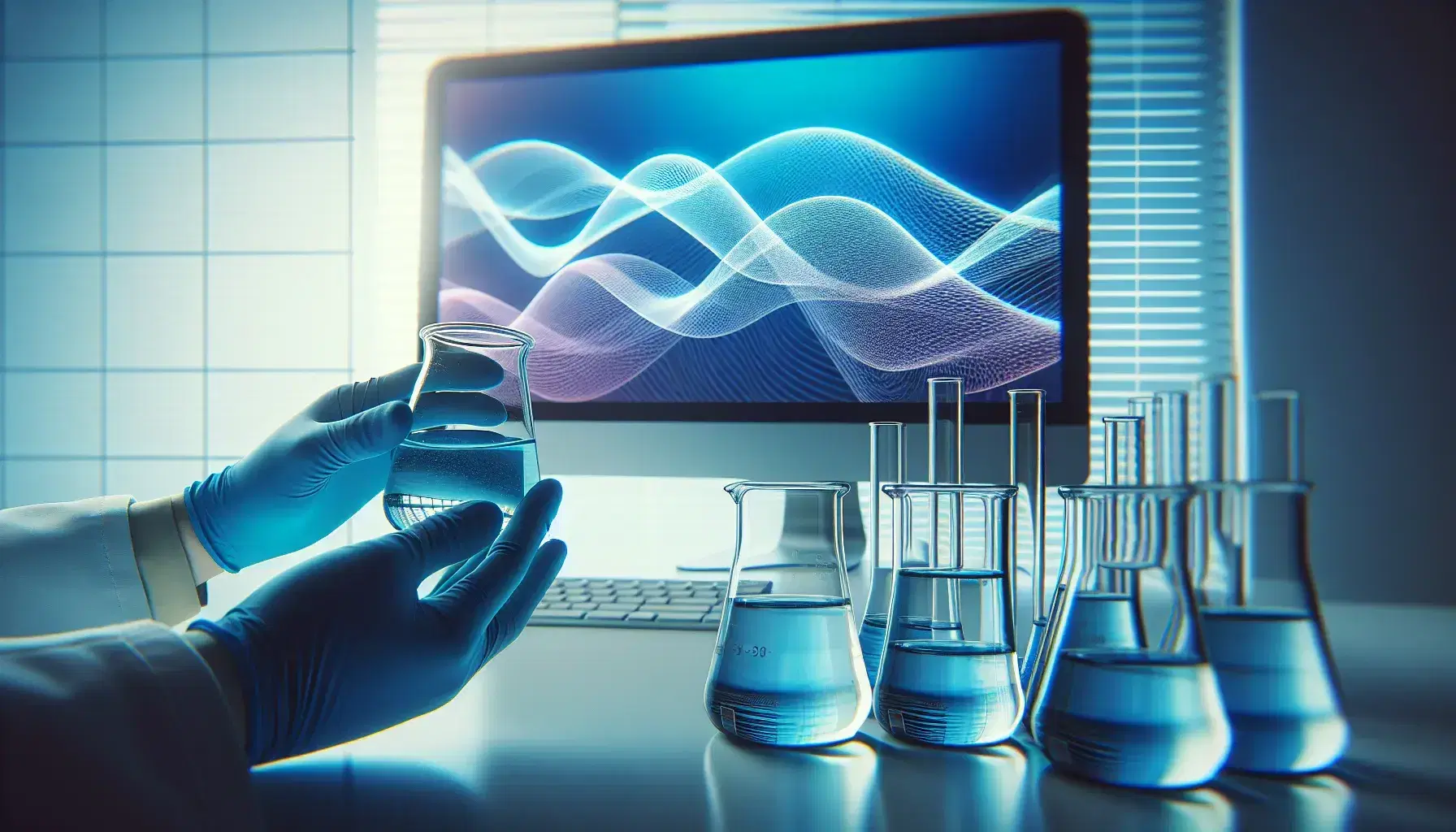 Hands in blue latex gloves hold a glass flask with transparent liquid, background with monitor and colored flasks on laboratory bench.