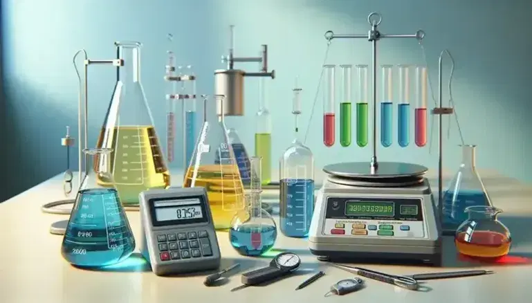 Laboratorio químico con matraces Erlenmeyer de líquidos coloridos, cronómetro digital apagado, balanza analítica y tubo de ensayo en soporte universal.