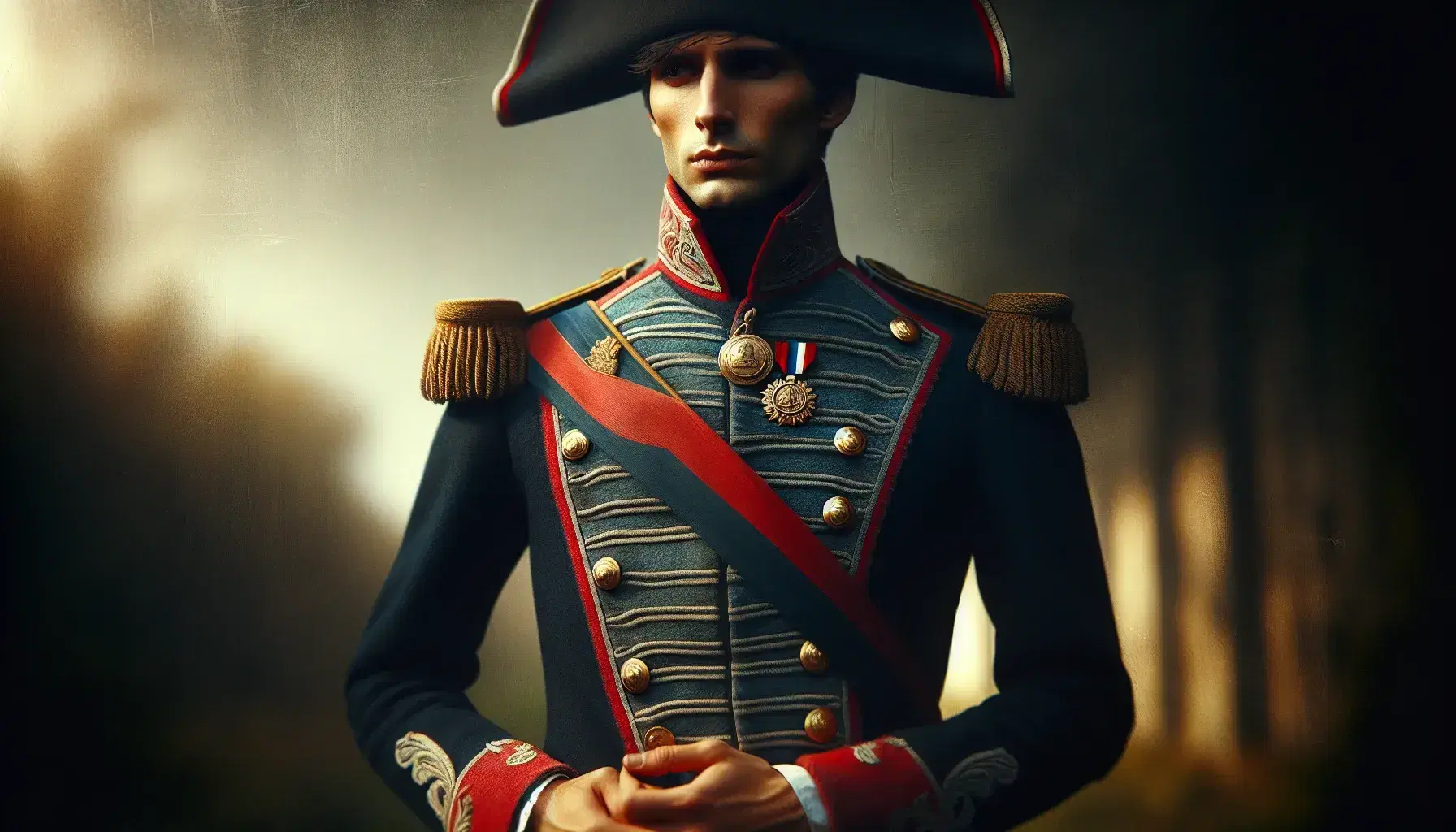 Uomo in uniforme militare dell'epoca napoleonica con tricorno nero, giacca blu con dettagli rossi e bianchi, sash rosso e medaglia d'oro.